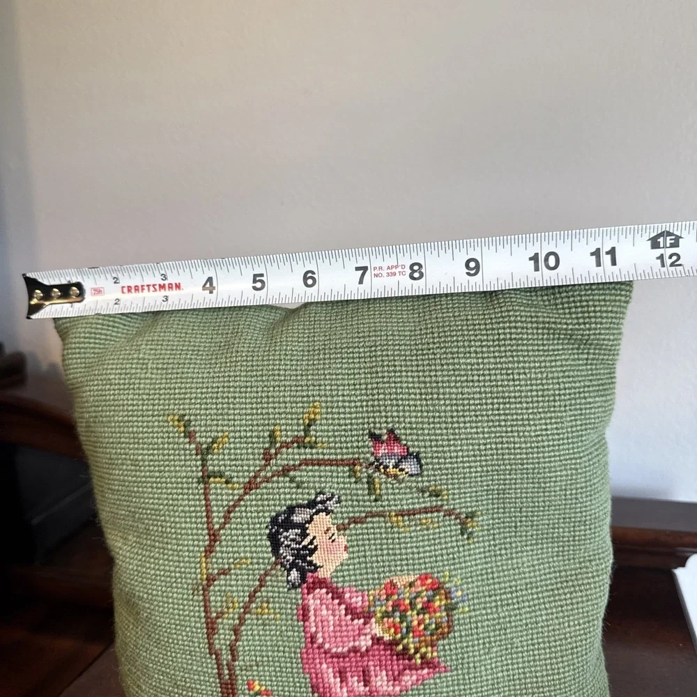 Double Sided Needlepoint Point Pillow Green Cottagecore Country Boy Girl VNTG